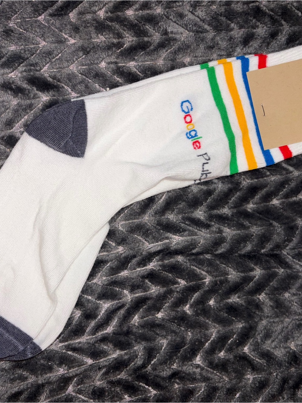 google White Crew Socks with Multicolor Stripe Accents
